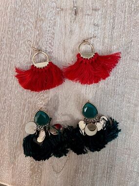 Set of 2 Boho Green and Red Holiday Fringe Tassle Statement Earrings